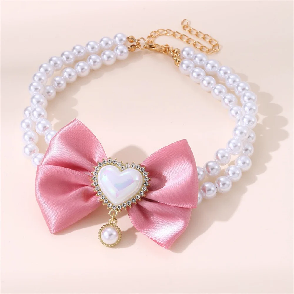 Dog Cat Pearl Collar Necklace with Bow tie Heart Pendant, Fancy Cat Wedding Collar Jewelry for Girl Cat Puppy Dogs Accessories