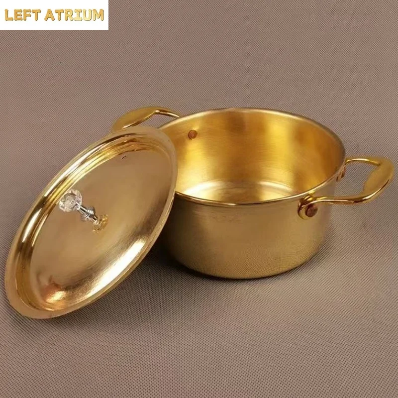 Vintage Brass Pot,Thickened Food Pot Cooking Utensil Simmering and Pasta Stewing,With lid Luster Polishing Texture Handheld Pot