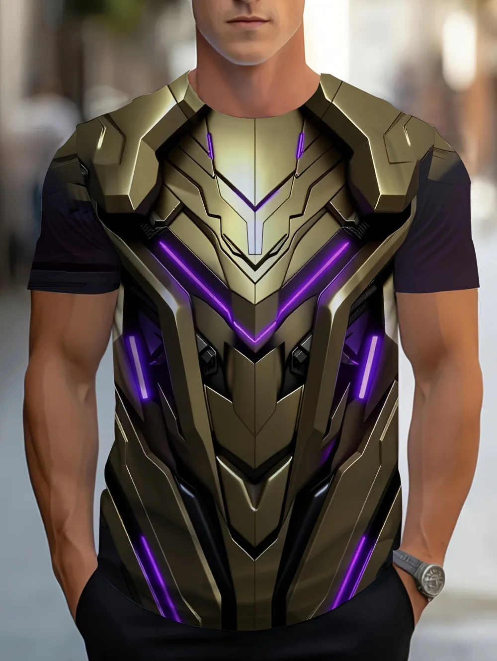 3D-gedrucktes T-Shirt im Metall-Stil für Herren, lässig, Rundhalsausschnitt, Kurzarm, lockere, lustige T-Shirts, Streetwear, Herrenbekleidung – Detail 6