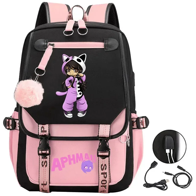 Mochila de Anime Aphmau con estampado 3D de dibujos animados Oxford impermeable bola completa USB mochila niños niñas estudiantes mochila de gran capacidad * 8 * Q