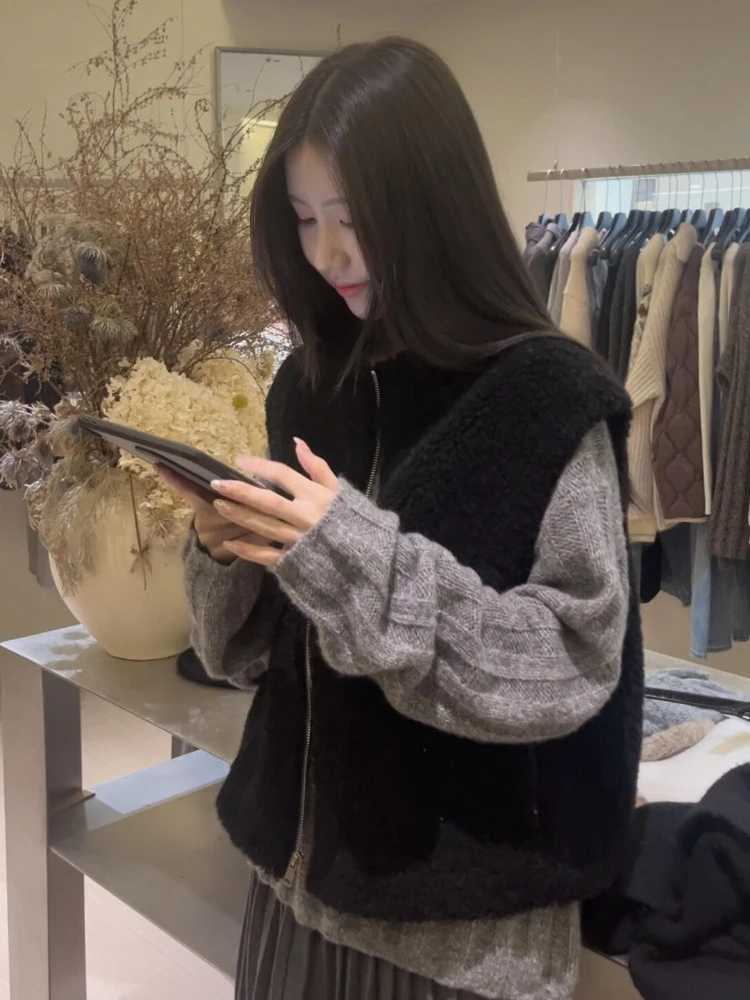 Retro Sle Dames Open Eapenvacht Vest Svel Ronde Ne Loose Fit Herfst Winter Bovenkleding Ritssluiting