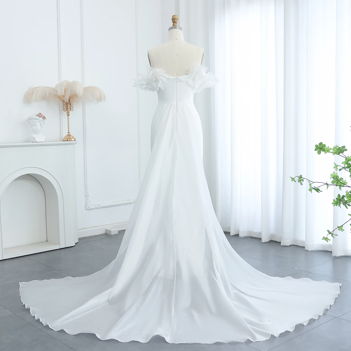 シャロンはドバイオフショルダーイエローエレガントなアラビア語 فساتين سهرة 3D 花ケープ女性のウェディングパーティードレス SF013 カスタマイズ