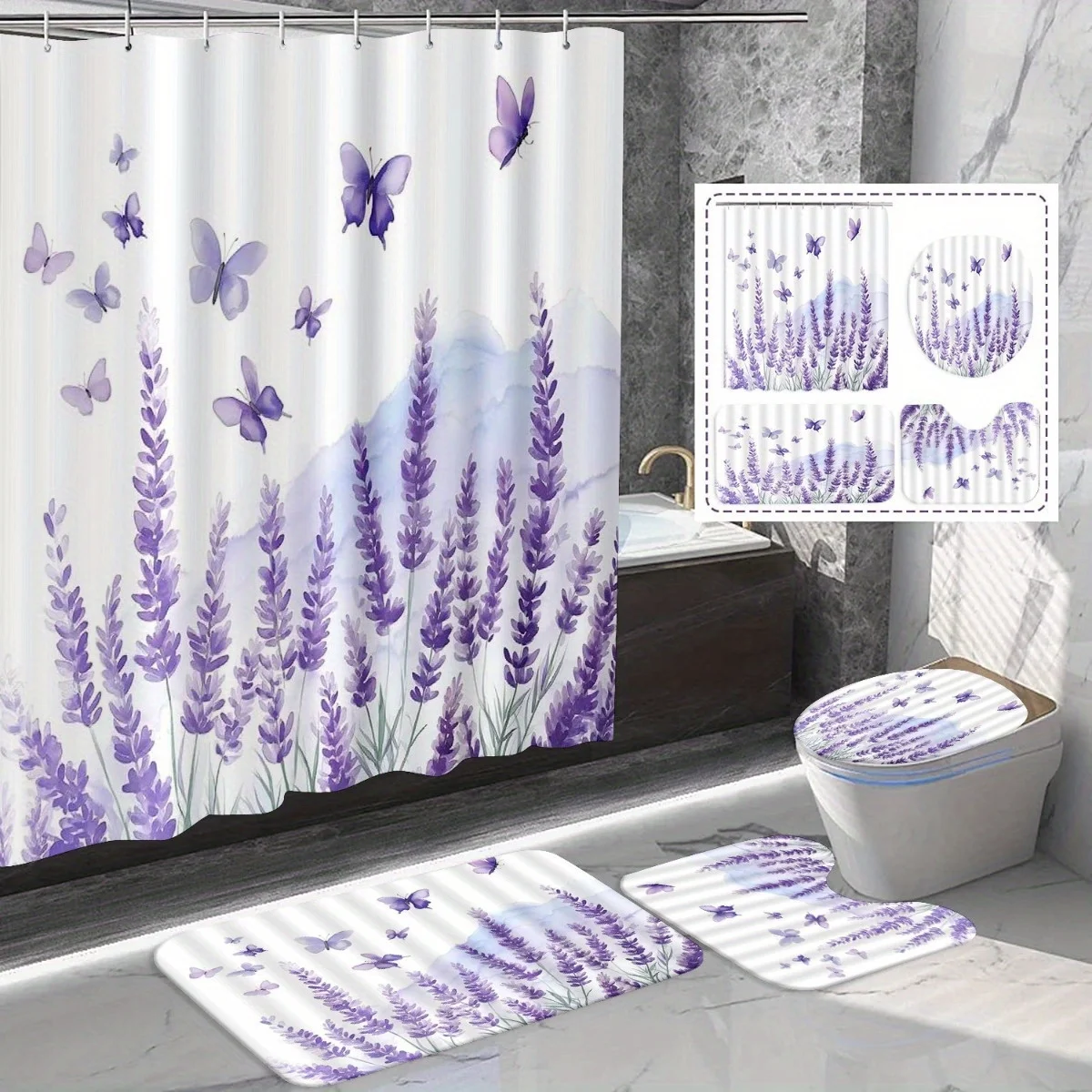 

4pcs Purple Lavender Floral Print Shower Curtain Set, Non-slip Bath Mat, Toilet U-Shaped Mat, Toilet Seat Cover with Hook