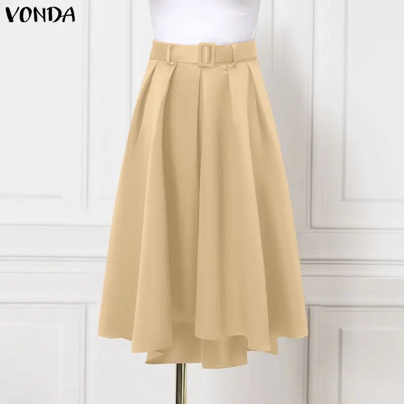 VONDA Plus Size Maxi Skirts 5XL Women Asymmetrical Fashion Satin Bottoms Solid Elegant Belted High Waist Long Jupes Faldas Saia view 4