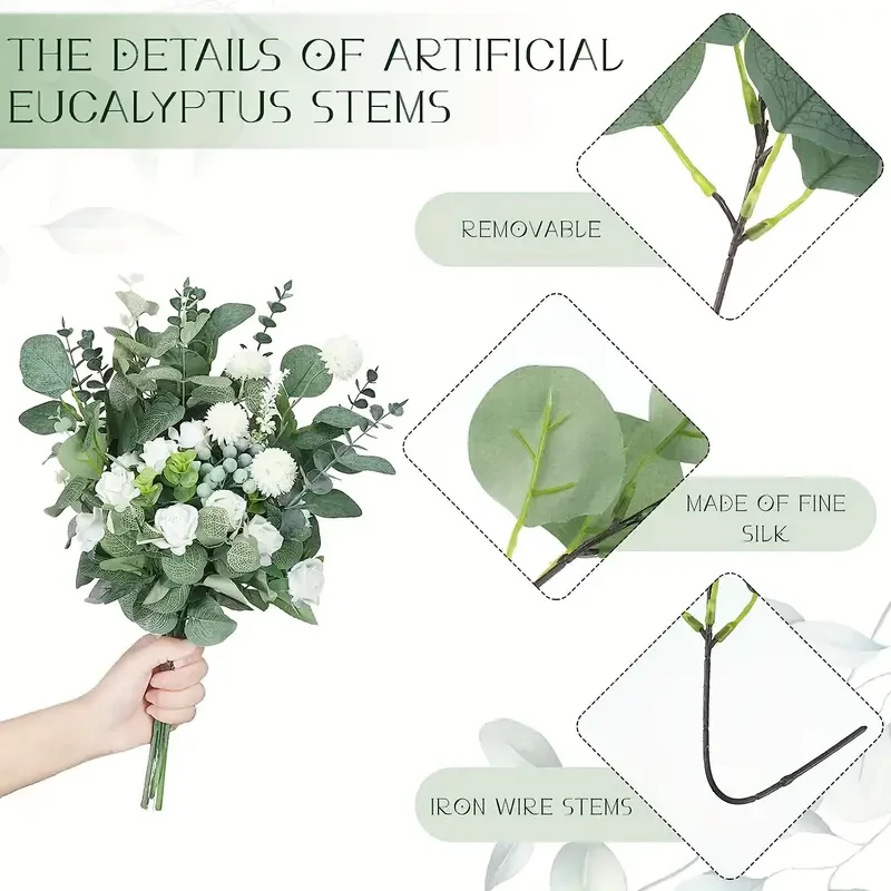 30/60pcs 3 Kinds Artificial Eucalyptus Stems Leaves Branches Silk  Plant Bouquet For Vase Wedding  Flower Floral Arrangement