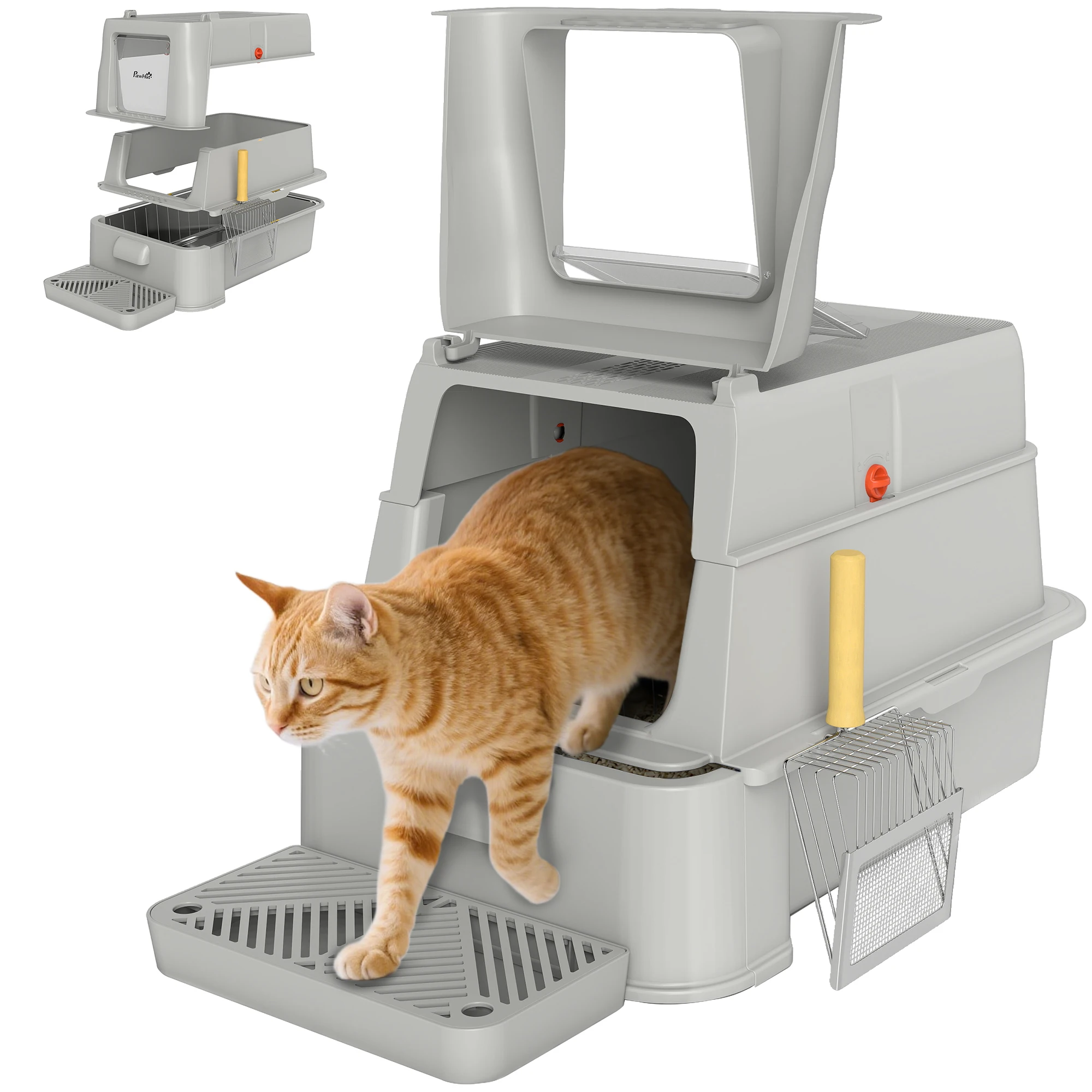 Pawhut XL kattenbak van roestvrij staal met 180 ° Klapdeksel ° Hoge zijkanten pedaal Pala