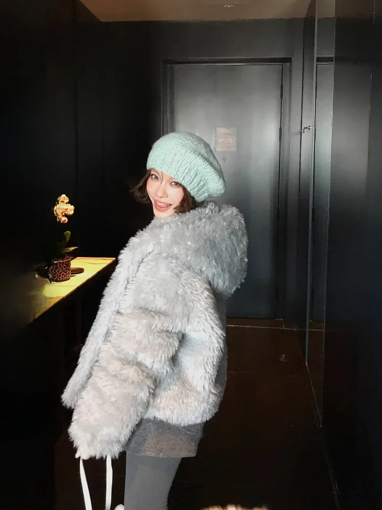 

DULA Lazy Hooded Thiened Winter Coat Women's Fur Jaet Warmth Daily Wear Youth Pure Color Universal Fit Simulation Polyester