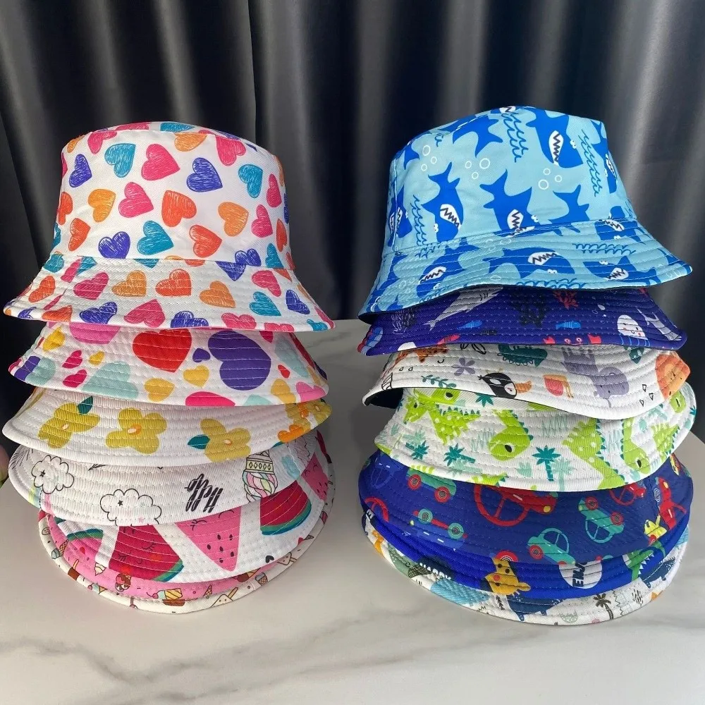 Cute Cartoon Print Bucket Hat Thin Large Brim Fisherman Cap Breathable Double Sided Outdoor Kid Sun Hat