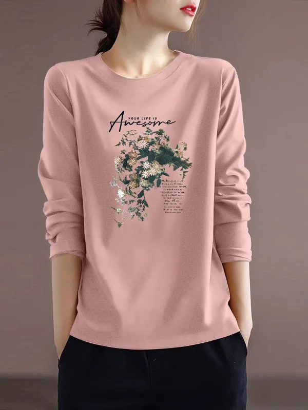 

Women's Long Sleeve round Neck T-Shirt Casual Comfortable Cotton Base Shirt Pink Spring Autumn Winter New Style Large Size