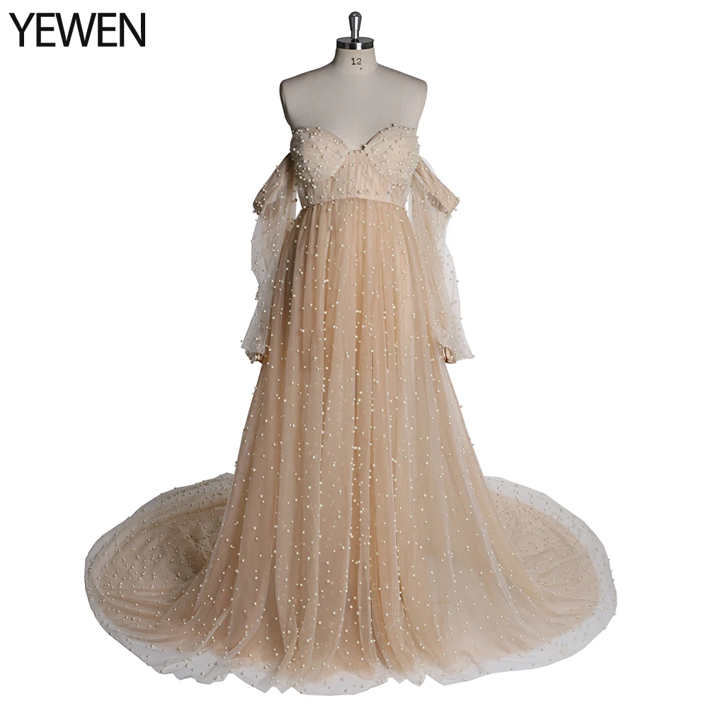 

Off Shoulder Pearls Ivory Long Sleeves Open Front High Quality Maternity Gown Prom Dresses Photography Dress YEWEN