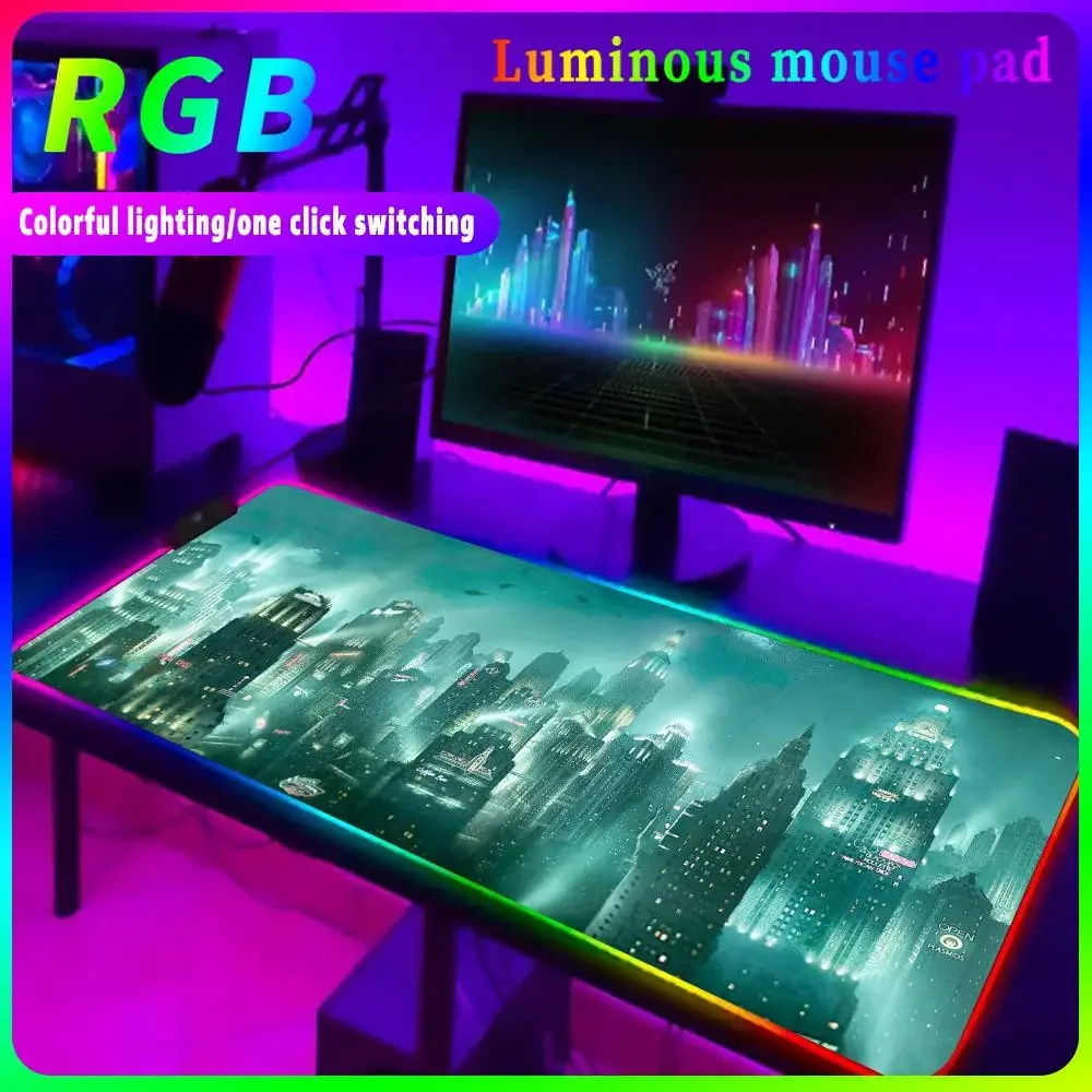 

B_bioshock Mouse Pad RGB Gaming Accessories Led Mousepad Game High Definition Printing Mice Pad Luminous Desk Mat Backlit