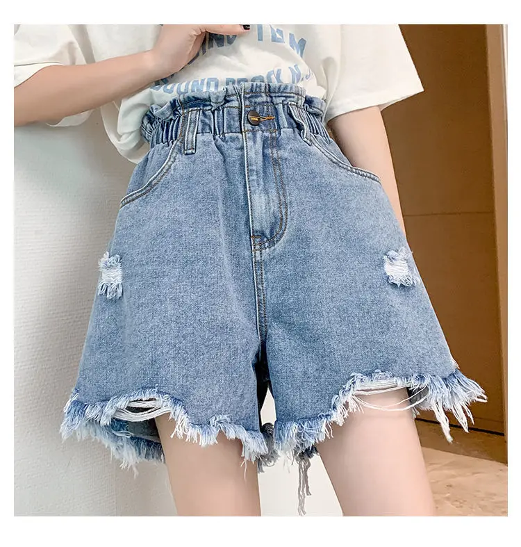Large Size Hollow Out Denim Shorts Women Summer Wide Leg Loose High Waist Student Slim Women's Pockets