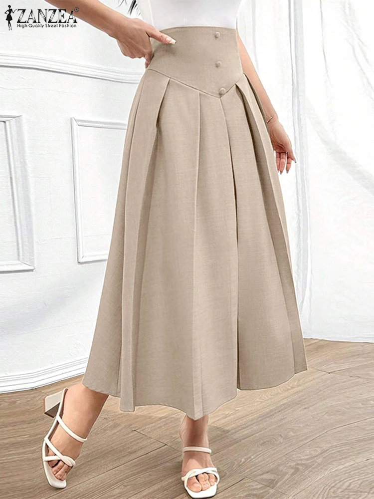 

High Waist Office Skirts Women Elegant Pleated Maxi Skirts Casual Loose Zipper Buttons Overskirts A-Line Bottom Lady ZANZEA 2025