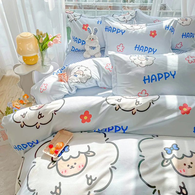 Cartoon Sheep Duvet Cover 4pcs Bedding Set Reversible Print Quilt Cover Polyester Comforter Cover 1 Flat Sheet 2 Pillowcases