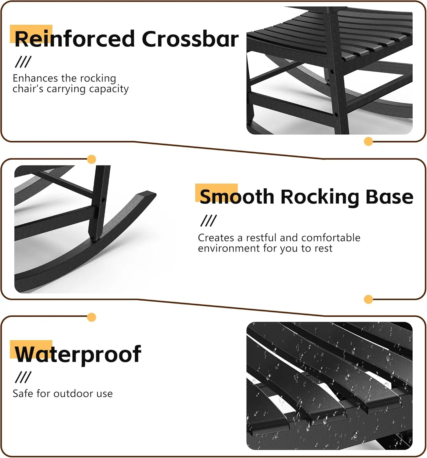 Set 2 sedie a dondolo da patio, poliresina resistente agli agenti atmosferici, schienale alto oversize, 350 libbre, per interni ed esterni, nero