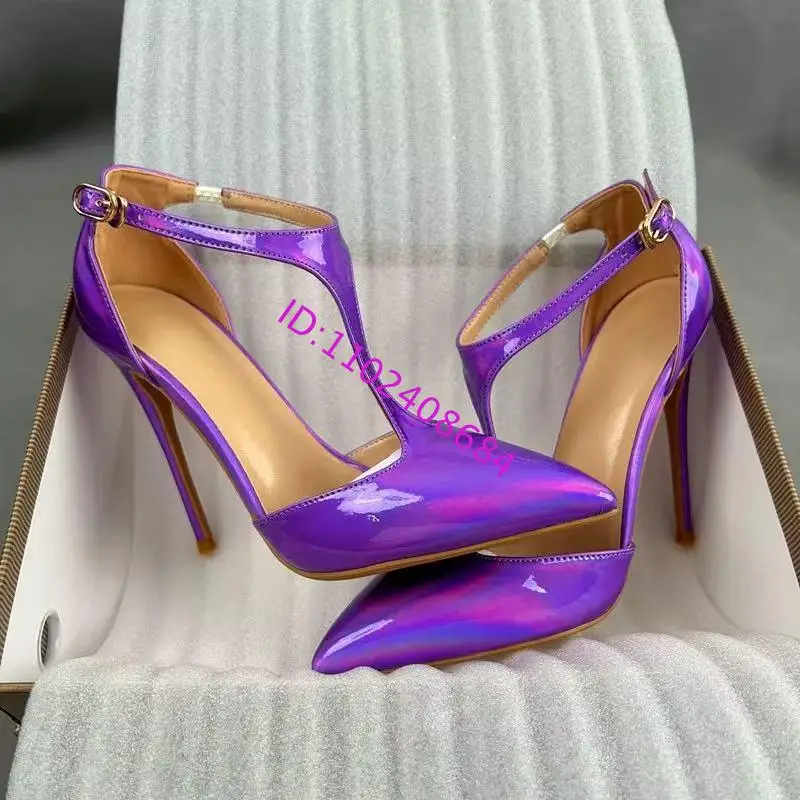 

Lightning Purple T-Belt Gradient High-Heeled Shoes Women 12Cm High Heel Pointed Toe T Strap Buckle Stiletto Heels Plus Size 45