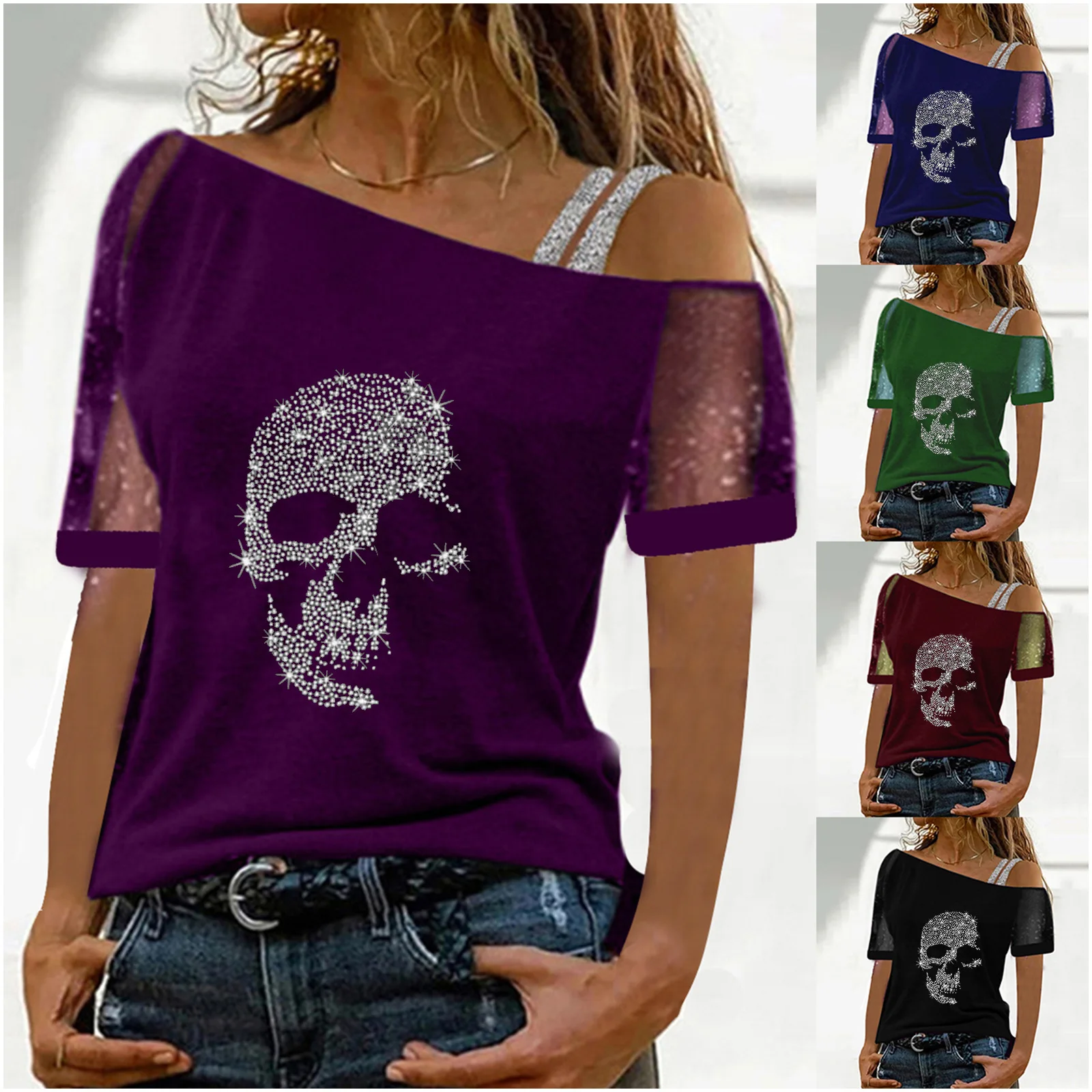 

Y2K new casual diagonal collar shoulder T-shirt women's perspective shiny short-sleeved top skull solid color jumper top
