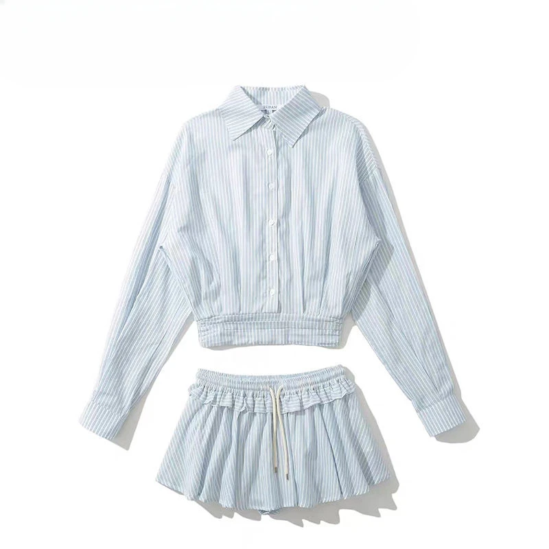 

2 Piece Sets Womens Outfits Summer New French Style High-end Designed Niche Chic Temperature Blue Striped Shirt Top + Skirt