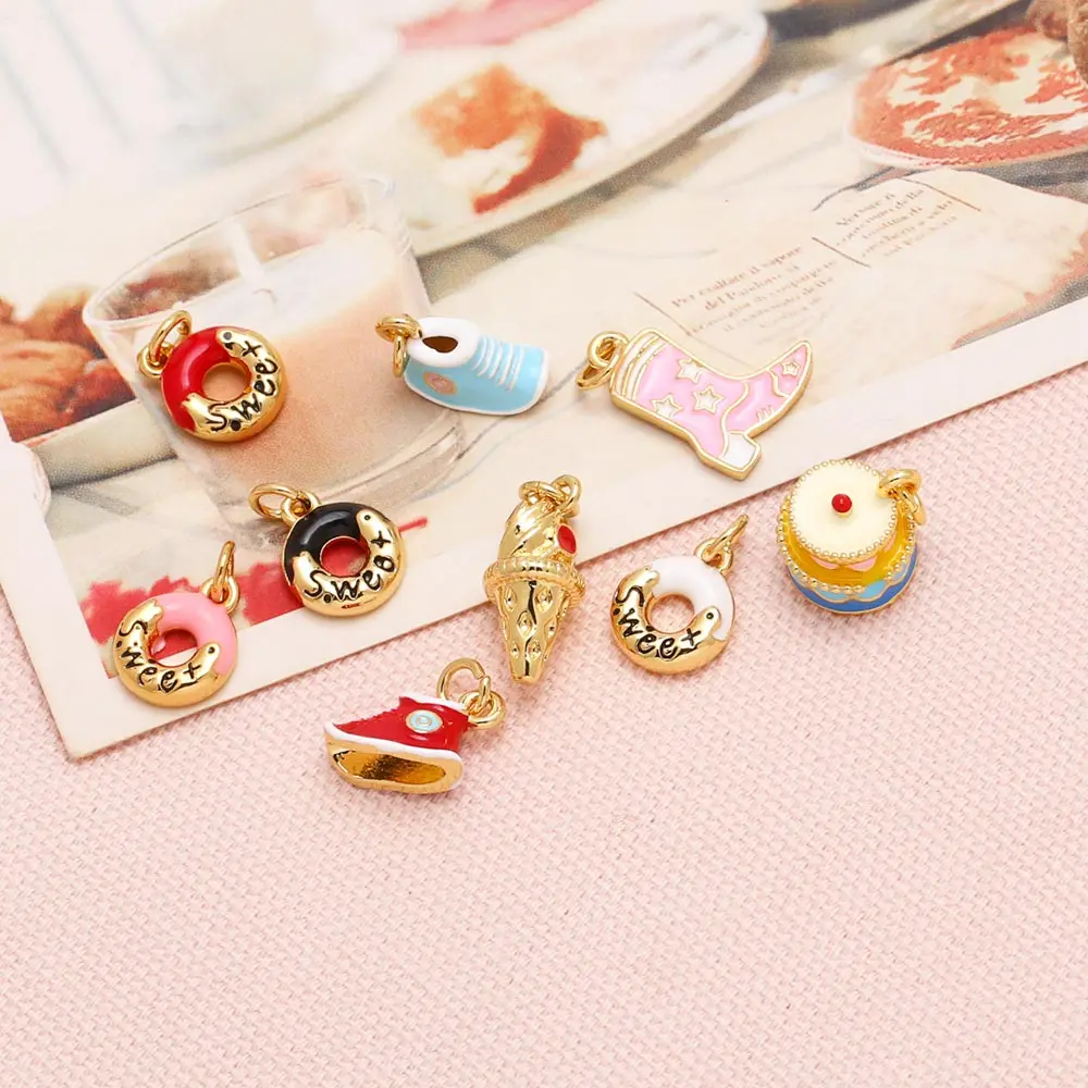 OCESRIO Enamel Small Ice Cream Charms for Bracelet Copper Gold Plated Doughnut Cake Shoes Jewelry Making Accessories chma330