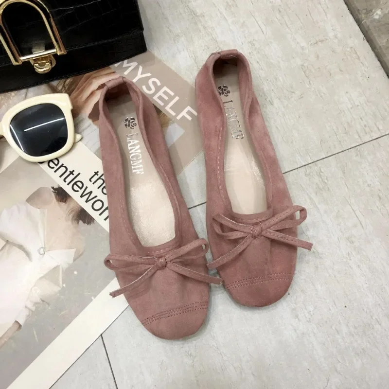 Women Suede Flat Shoes Summer Fashion Soft Shallow Mouth Dress Comfortable and Simple Fabric Flocking Soft Soled Casual Shoes