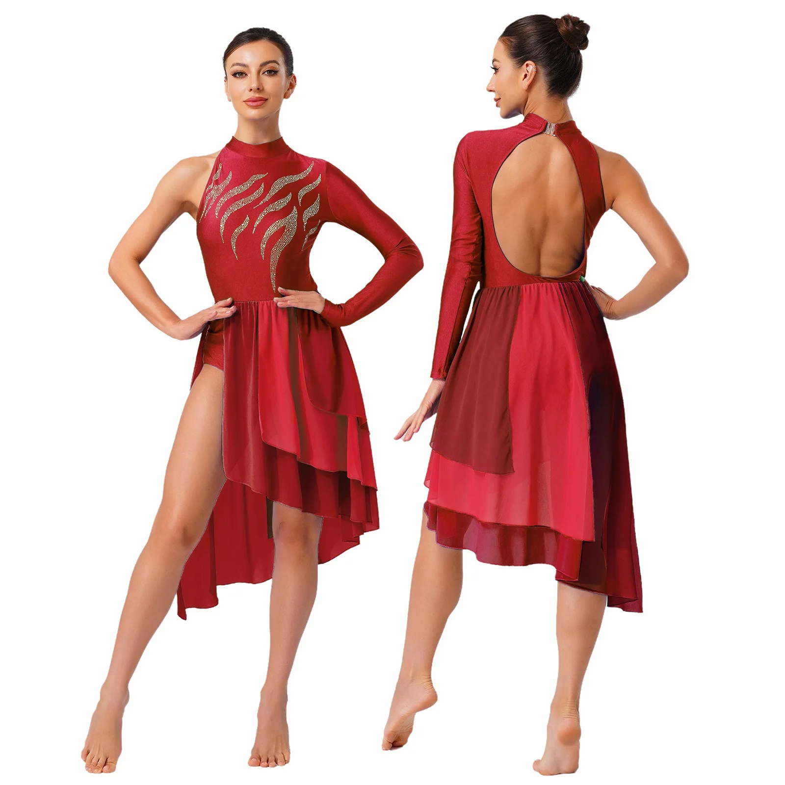 女性モダン叙情的バレエダンスドレスフィギュアスケートパフォーマンスコンテンポラリーダンスウェアワンショルダー光沢のあるラインストーンレオタード