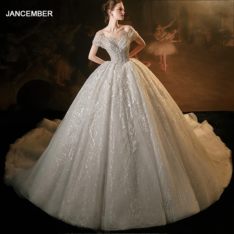 

Jancember Flash Sale Customization Wedding Dress 2024 Ball Gown O-Neck Short Sleeves Backless Beading Vestidos De Novia LSMX032