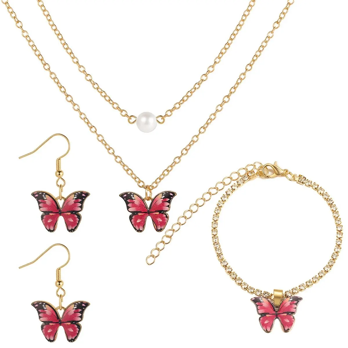 3pcs Butterfly Pendant Necklace, Earrings and Bracelet Combination Set, Suitable for Women to Wear at Parties