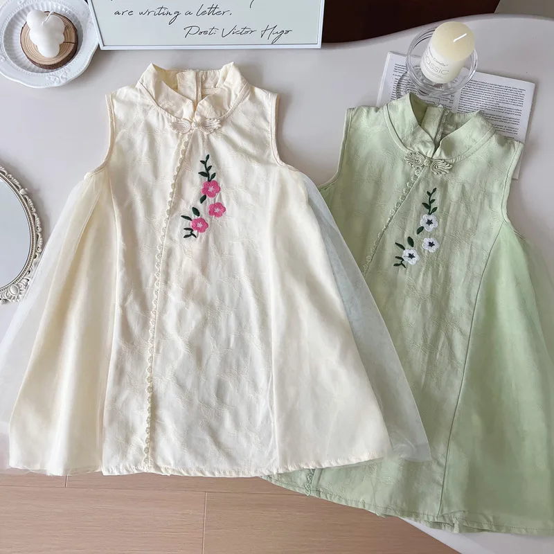 

Girls Cheongsam Dress Summer New Western Style Children's Chinese Style Embroidery Hanfu New Chinese Style Sleeveless Vest Skirt