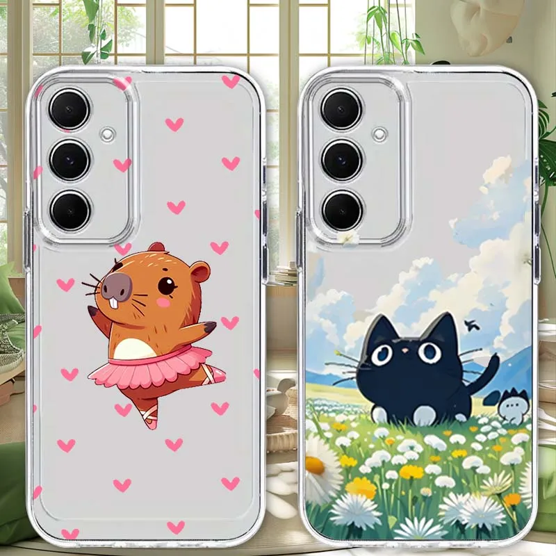 

Capybara Cat Cartoon Bow Love For Samsung A73 A72 A71 A55 A54 A53 A52 A51 A36 A25 A15 A14 A05s 5G Transparent Phone Case