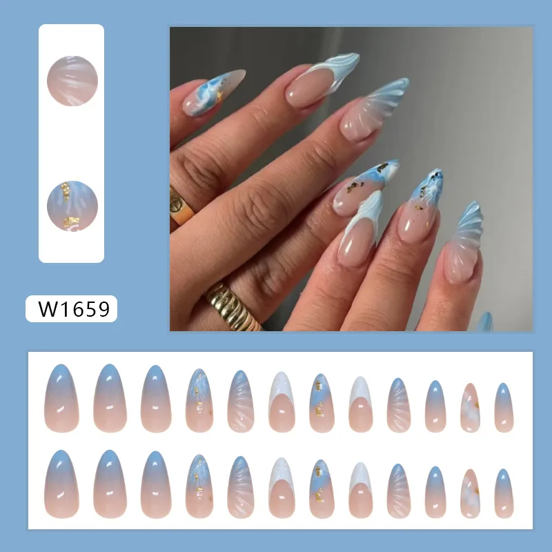 24pcs Ocean Fake Nails Long Almond Head Press On Nails Y2k False Nails 3D Crystal Stripe Decor Wearable Blue Gradient French Tip