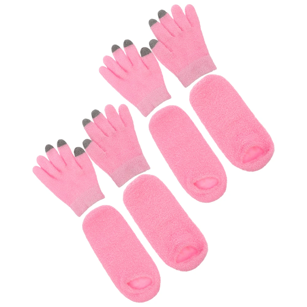 2Pairs Yarn Touchscreen Gloves and Moisturizing Spa Gel Socks Set Repair Dry Hands Feet Soft Skin Pink