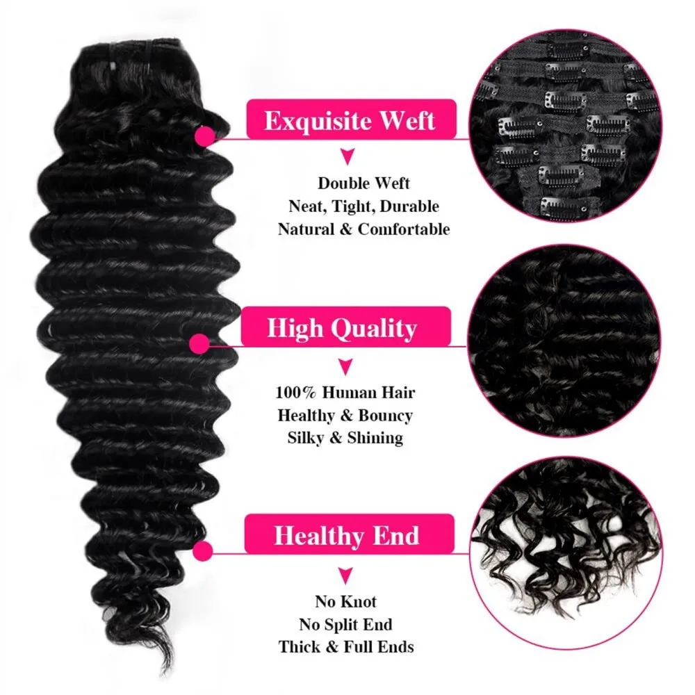 Curly Clip In Hair Extension Human Hair Deep Wave Brazilian Human Hair Clip In Extensions 16-26 Inch Full Head Seamless Color 1B