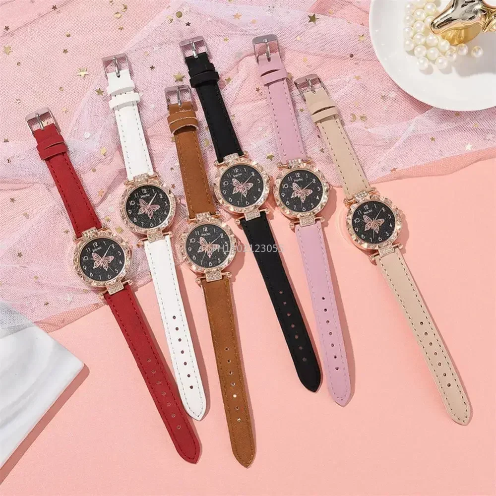 Jam tangan wanita, 1/2 buah jam tangan wanita Set jam tangan kuarsa kristal berlian imitasi mutiara kuarsa kupu-kupu Gelang Set tanpa kotak