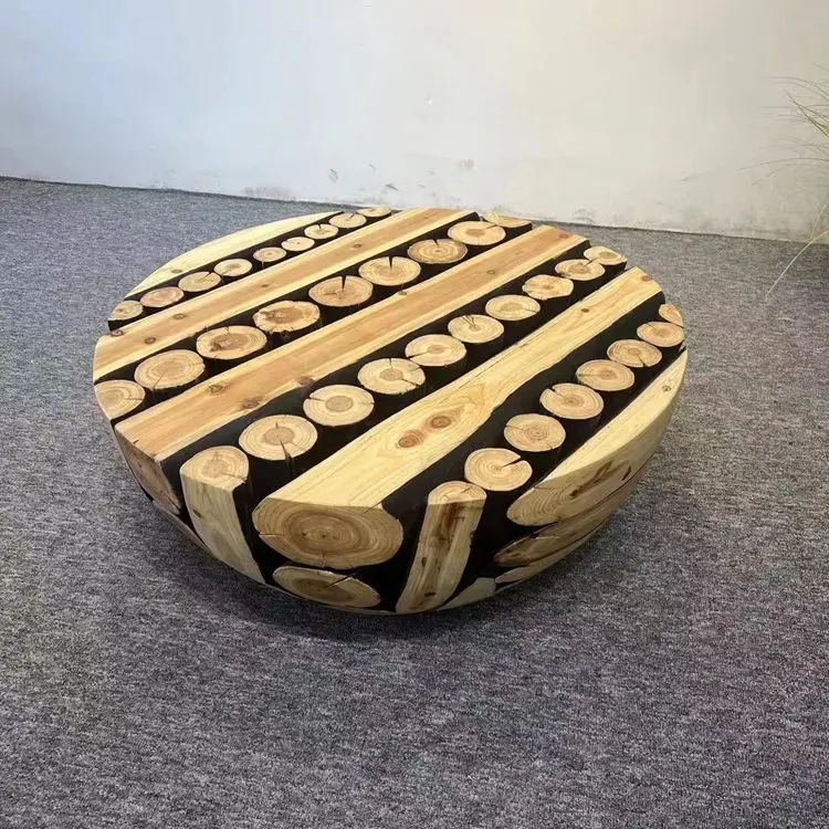 Solid wood splicing table, homestay tea art table, coffee table decoration, round coffee table furniture ornament