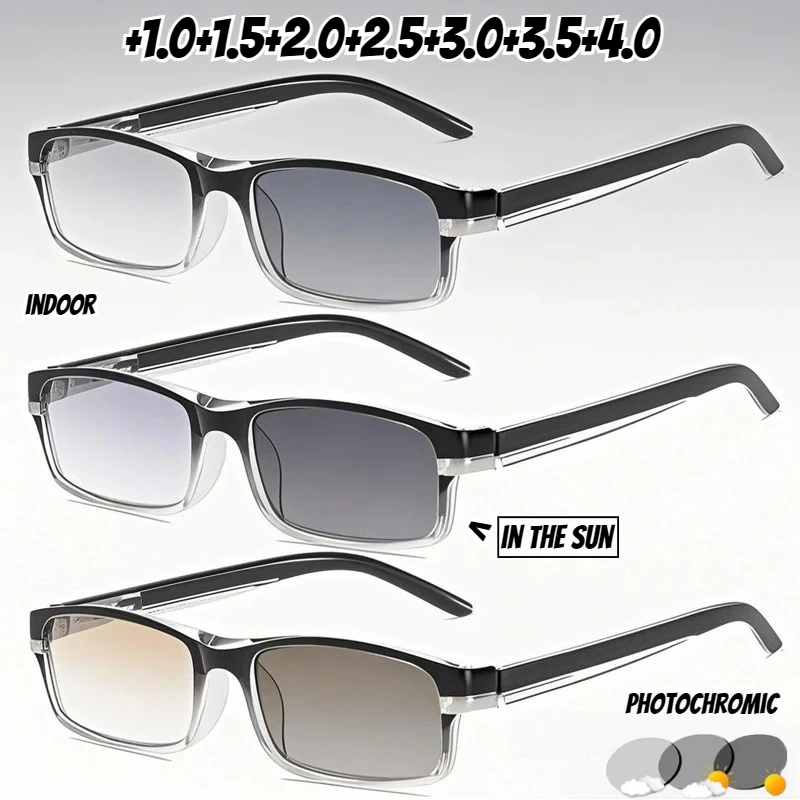 

HD Lenses Photochromic Reading Glasses Small Rectangle Frame Gradient Anti-blue Light UV Protection Presbyopia Glasses To +4.0