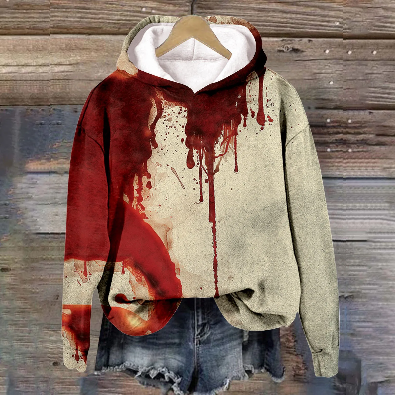 

Women's 2024 Halloween Autumn/Winter Trendy Sweater Bloody Print Hooded Sweatshirt Off Shoulder Long Casual Women's Hoodies