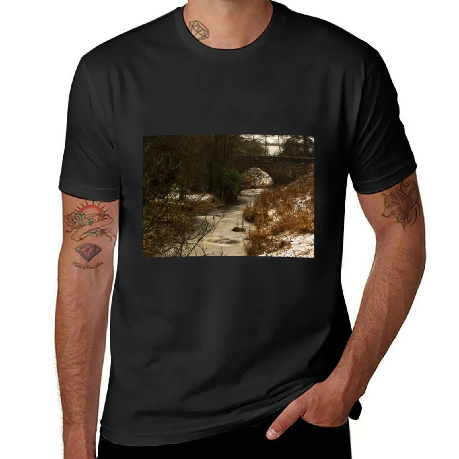 Winter countryside scene with stream & bridge T-Shirt plus sizes aesthetic clothes men clothing