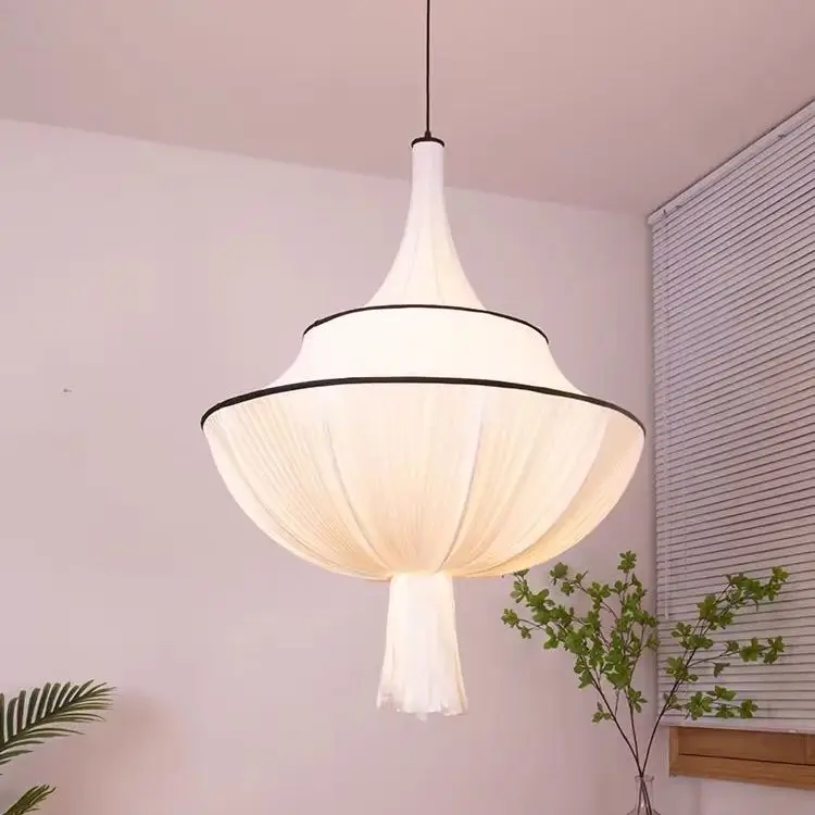 

French Fabric Hanging Lamp for Ceiling Vintage Cloth Hotel Lobby Pendant Light Wabi Sabi Bedroom Loft Chandelier Room Decor