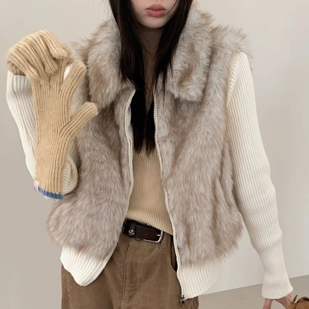 Korean Faux Fur Vest Knitted Long Sleeve Coats Women Chic Zip-Up Turn Down Collar Fluffy Parkas Woman Warm Winter Cotton Jackers