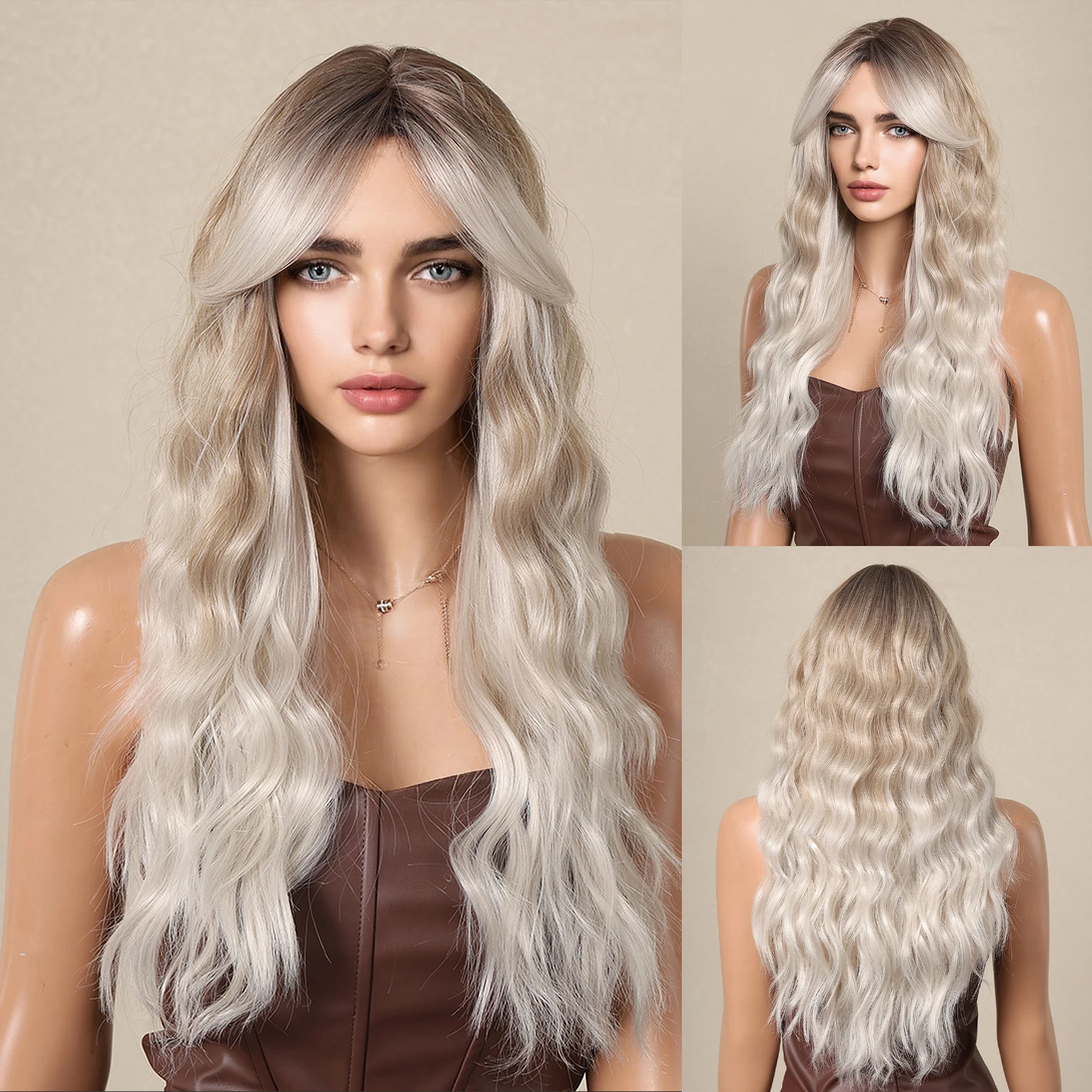 Gray Platinum Ombre Synthetic Wigs Long Curly Water Wavy Wig with Bangs Dark Root Heat Resistant Hair for Women Afro Daily Use