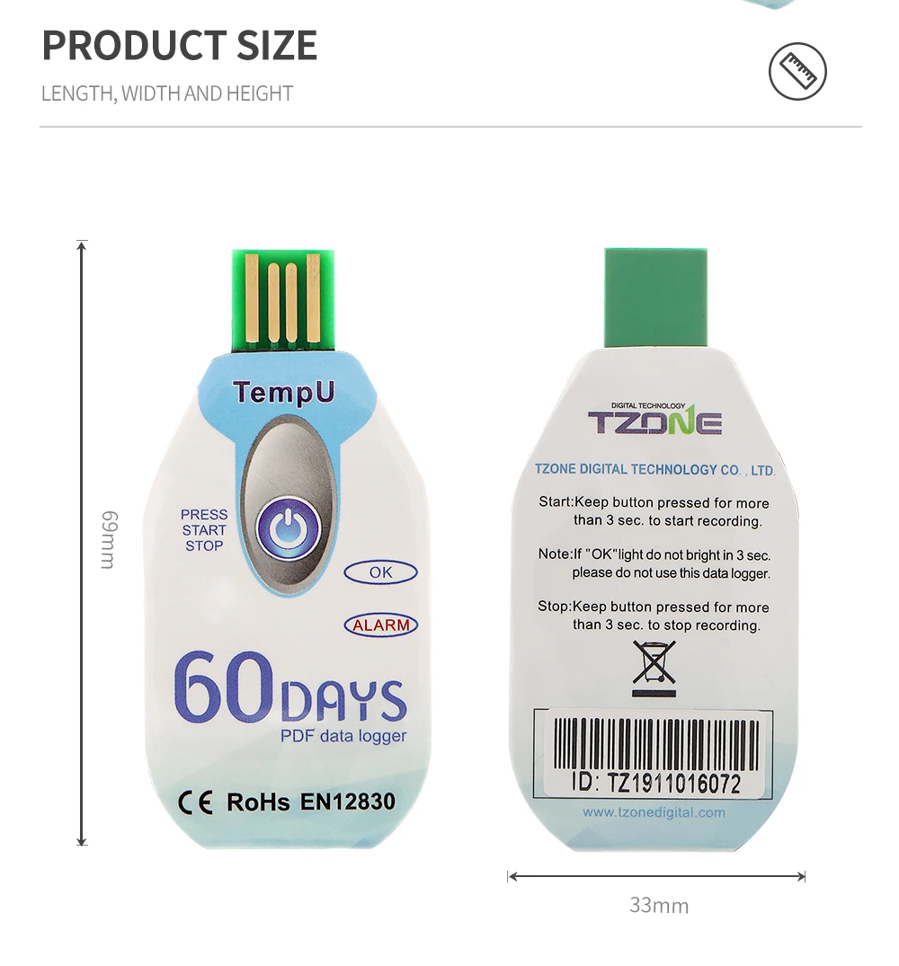 USB Temperature Data Logger Disposable PDF Report USB Port 10000 Points Temperature Recorder 30/60/90 Days Cold Chain Use