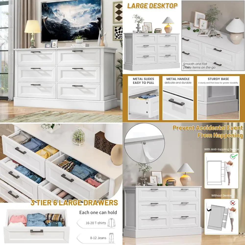 خزانة بيضاء لغرفة النوم مع 6 أدراج، وحدة تخزين منظم أثاث غرفة النوم، وخزانة خشبية مزدوجة وخزانة ذات أدراج، حديثة بعيدة