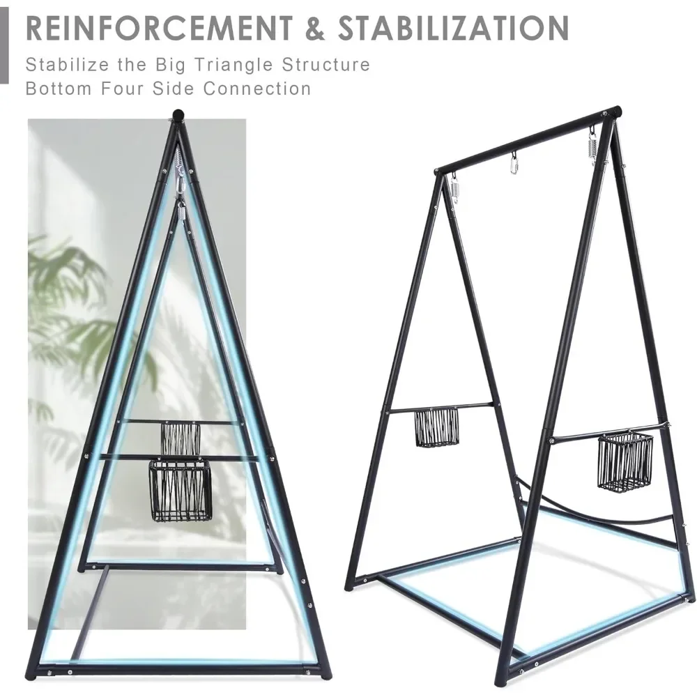 Reinforced Triangular Hammock Stand with 2 Storage Baskets Swing Chair Bracket 3 Hooks Compatible with Most Hanging Chairs