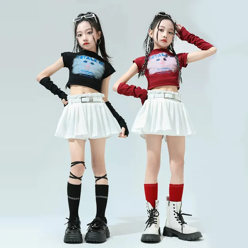 Kid Hip Hop Clothing Cat Mock Neck Crop Top T Shirt Arm Sleeve White Skirts for Girl Jazz Dance Costume Hip-hop Clothes