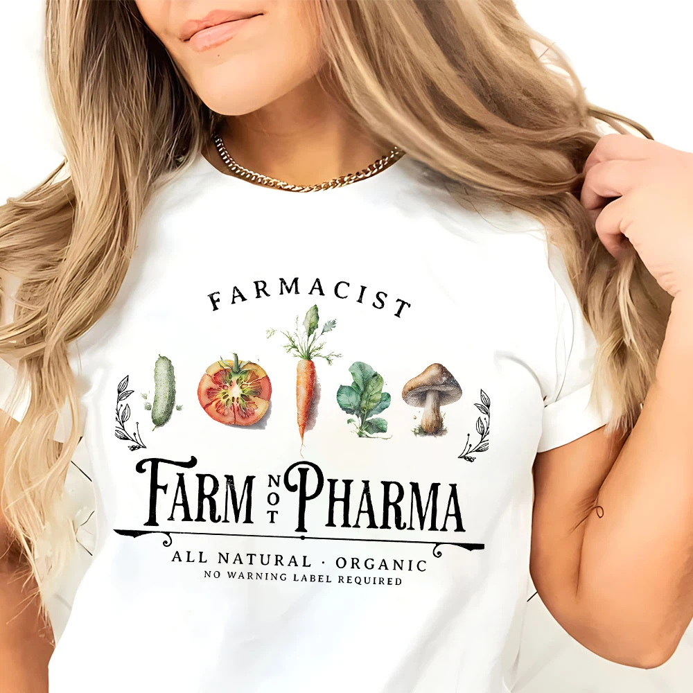 Farm Not Pharma Letter Print Designs T-Shirts Botanical Gardening Veggie Tops Gift for Gardener Tees Farmacist Women's Clothing