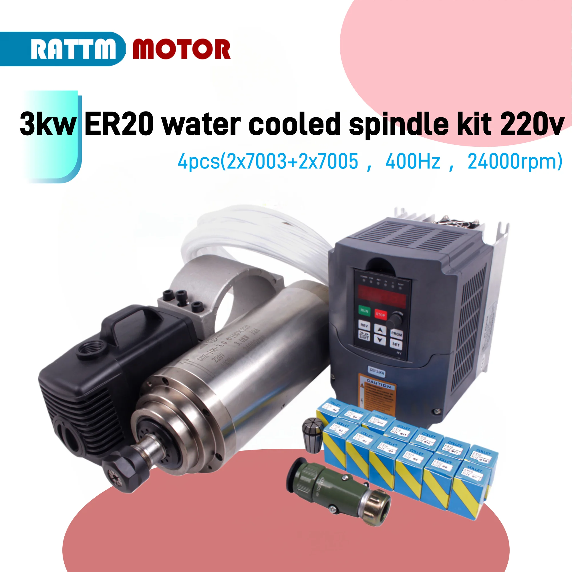 3kw ER20 Water Cooled Spindle Kit 220v with HY inverter and 100mm spindle clamp & 80w water pump & ER20 Collet for CNC