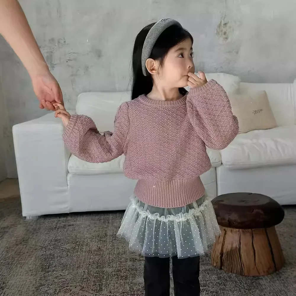 sweaters-children-clothing-sleeve-autumn-winter-new-korean-girl-sweater-short-simple-2024-round-collar-loose-simple