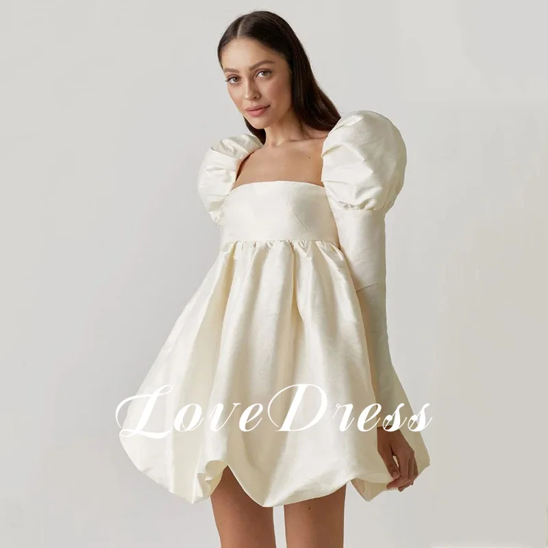 LoveDress Simple Satin Mini Wedding Dresses Beach Square Collar Long Sleeves Ball Gowns Sexy Backless Lace UP Vestido De Novia