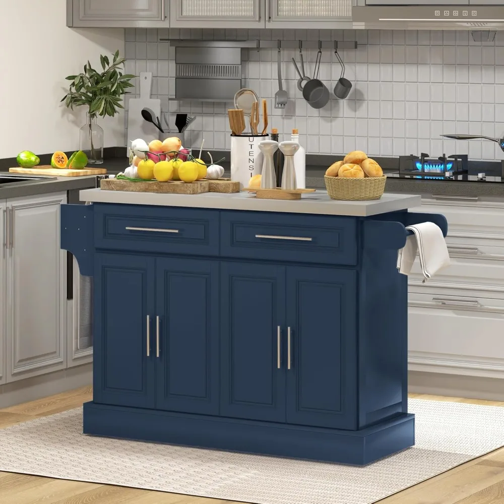 Rolling Island with Wheels for Kitchen, Portable Kitchen Island with Stainless Steel Top,Navy Blue，Kitchen Islands & Trolleys