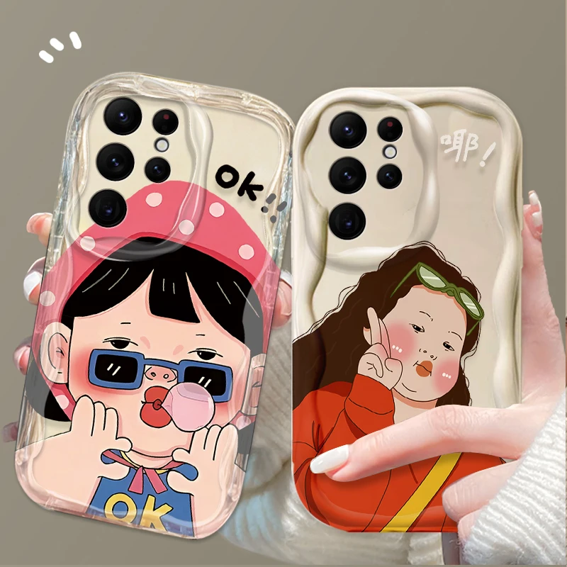 Funny Boy Cute Girl Wave Soft Phone Case for Samsung Galaxy S25 S24 Ultra S23 S22 S21 S20 Plus FE A56 A36 A26 Silicone Cover